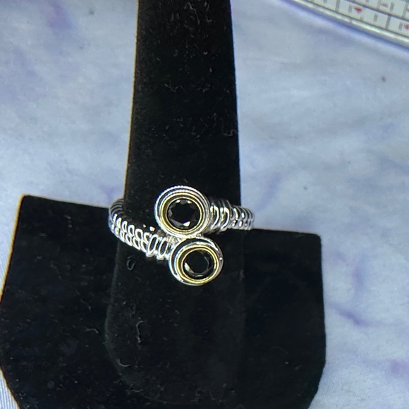Jewelry - Silver-Tone Double Bezel Black Stone Wrap Ring